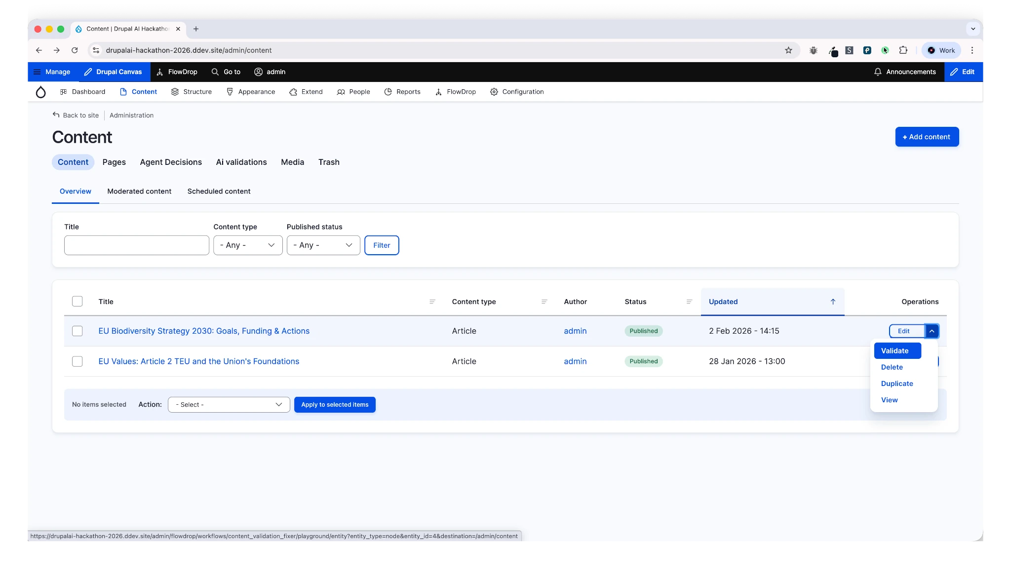 Drupal content listing with Validate action button