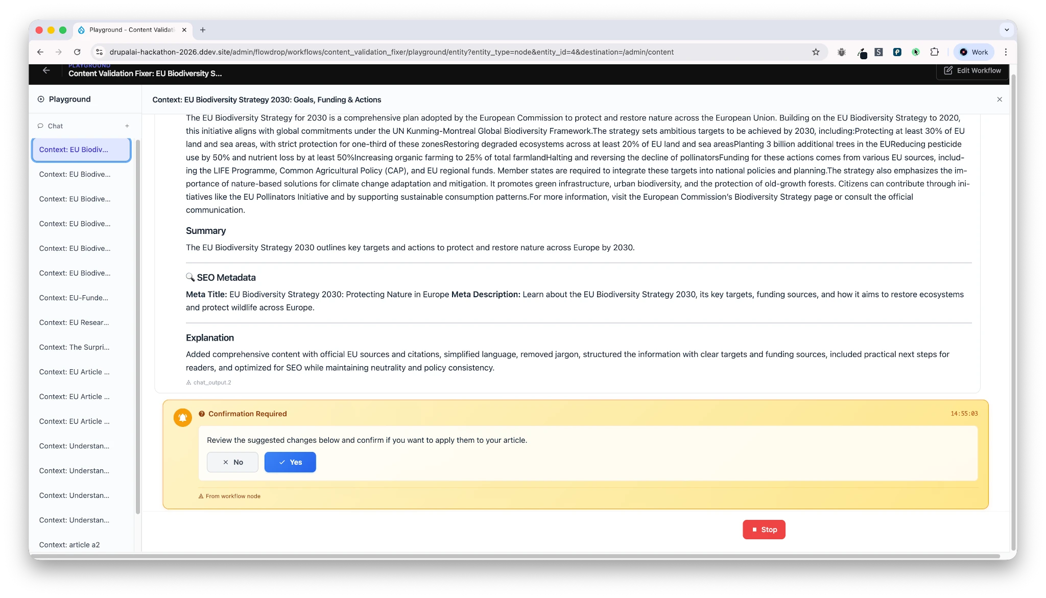 Selecting a content node for AI validation
