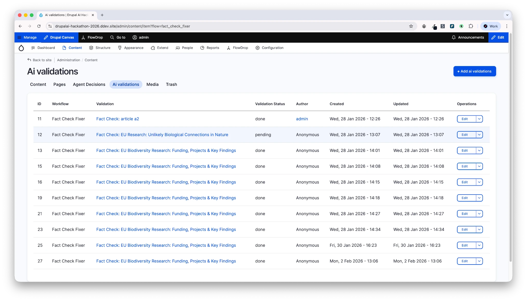 Background validation processing status