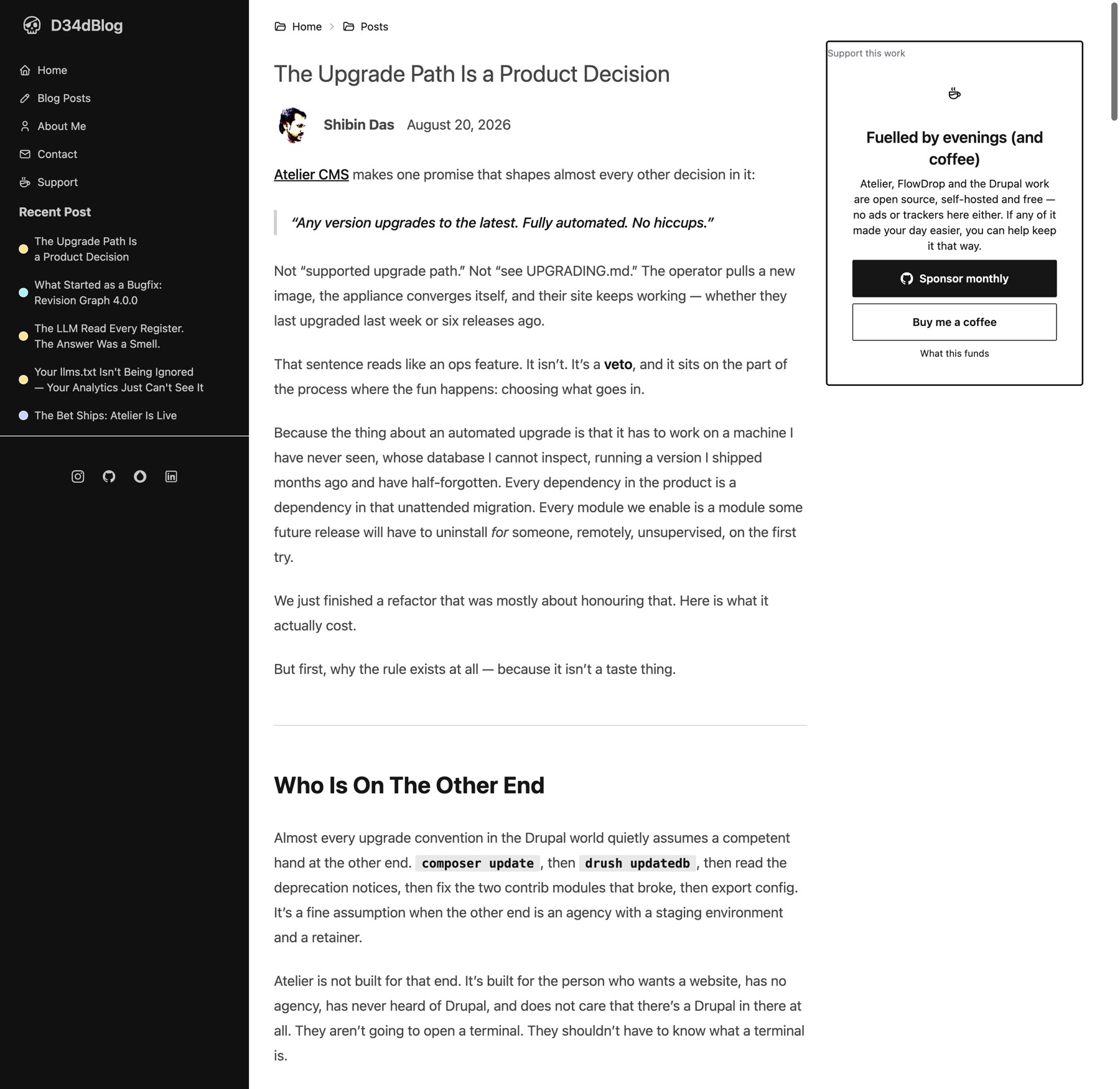 Post page at 1440 px: dark sidebar on the left, article in the middle, support box with a heavy black border on the right